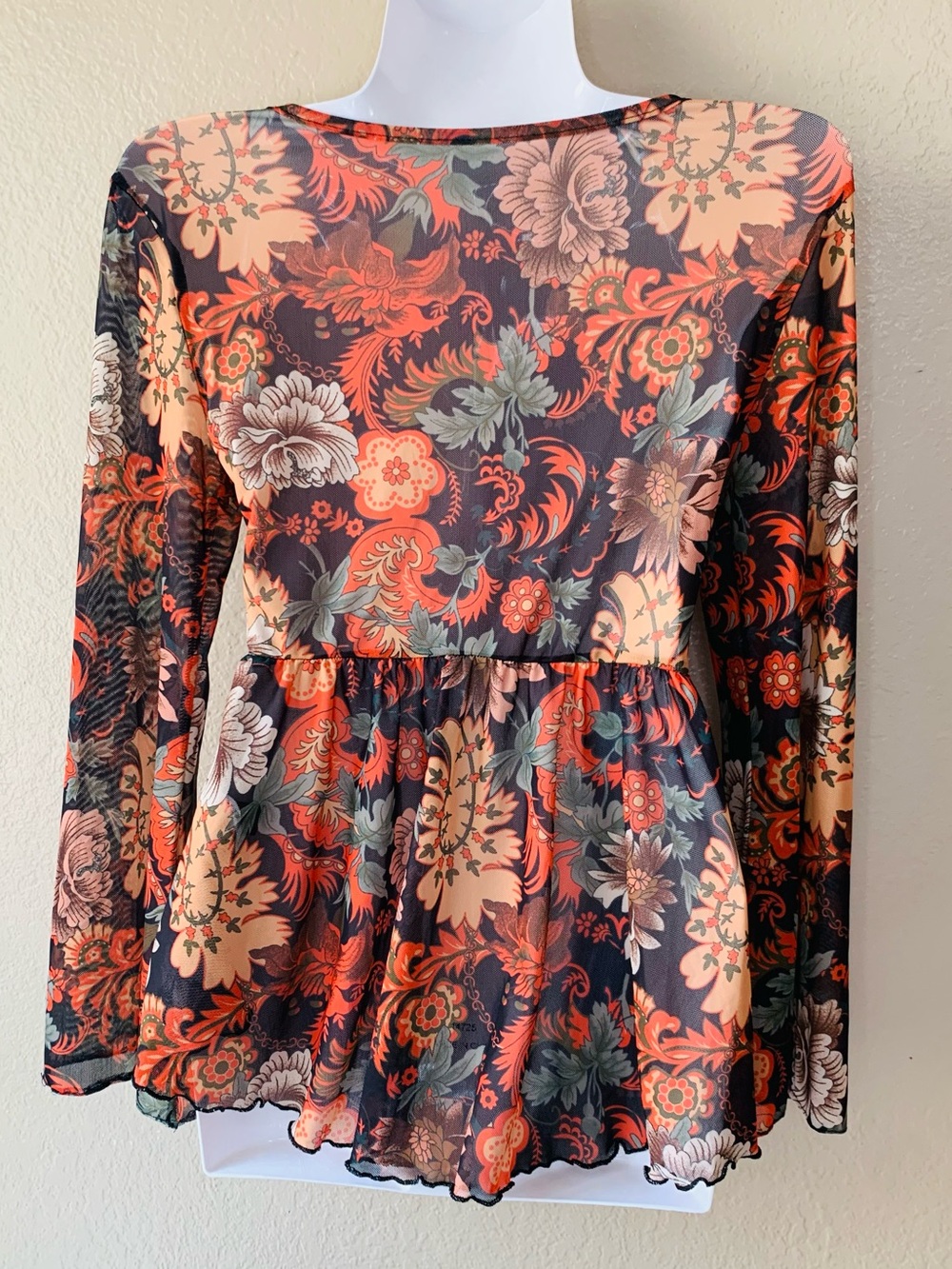 SHEIN Y2K Babydoll Floral Sheer Mesh Bell Sleeve Blouse Size M - Picture 3 of 4